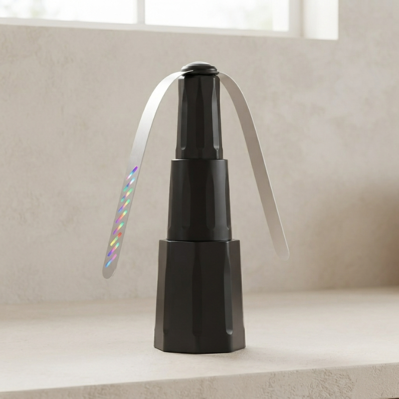 A black plastic continuous stent irrigator with a flexible, translucent white nozzle spraying water, standing on a light beige countertop against a neutral beige wall.