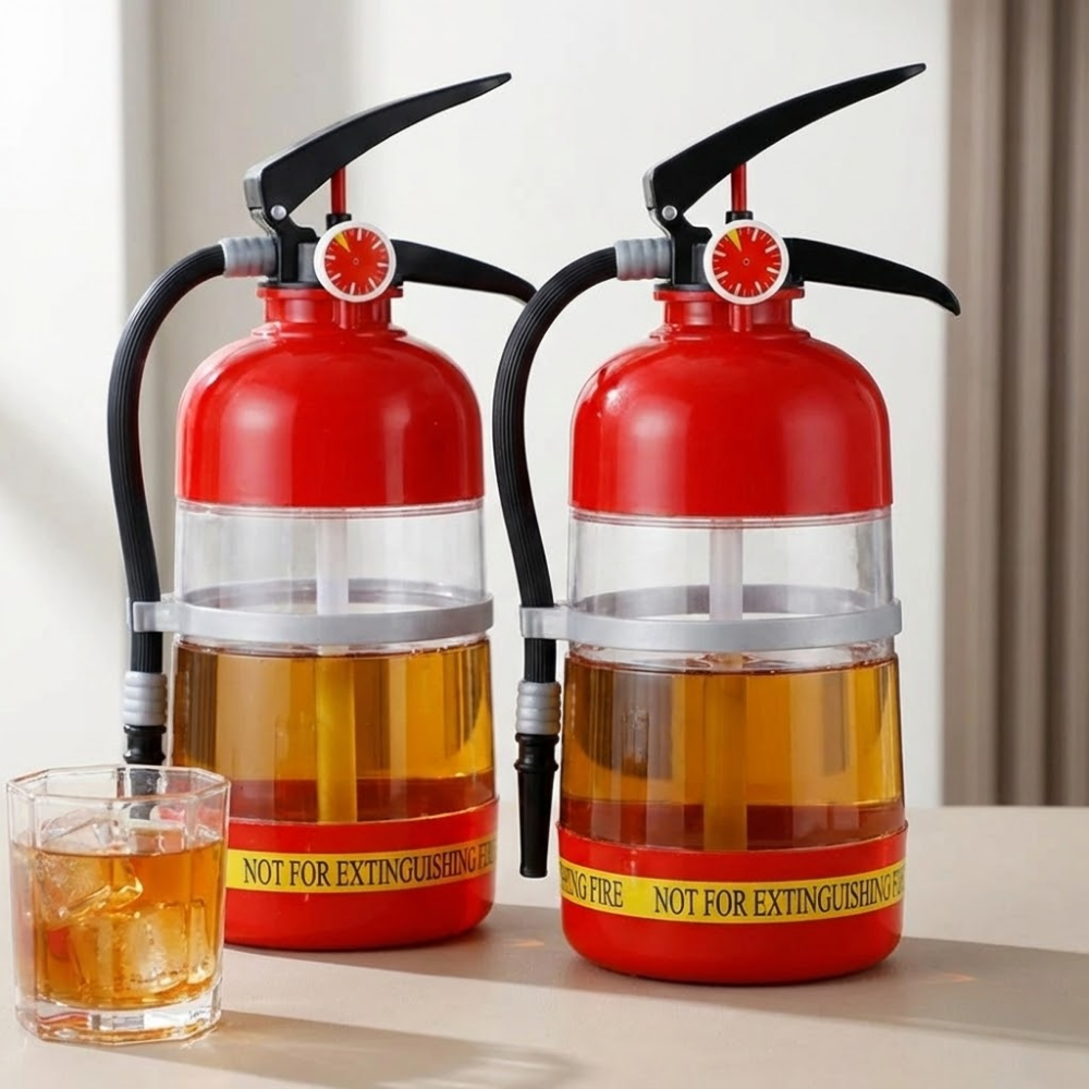 Two red fire extinguishers filled with a yellow liquid, next to a glass of the same liquid on a light-colored surface.