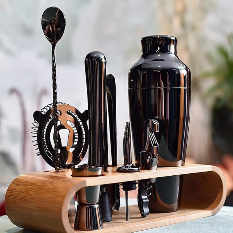 10-Piece Cocktail Shaker Set - Durable Stainless Steel & Bamboo Stand 1