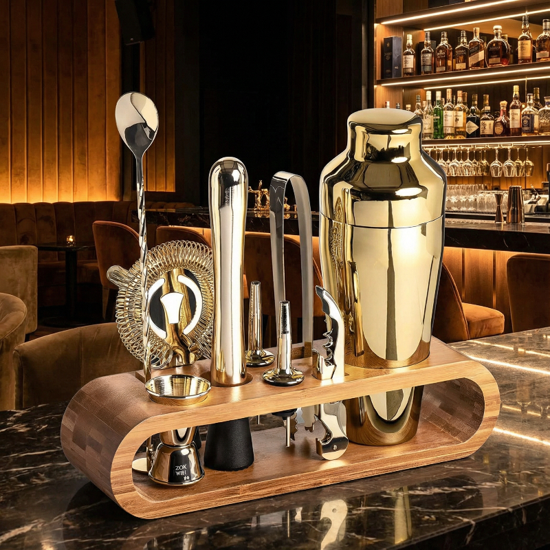 10-Piece Cocktail Shaker Set - Durable Stainless Steel & Bamboo Stand 3