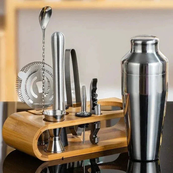 10-Piece Metallic Cocktail Shaker Set with Stainless Steel Mixology Tools and Storage Stand for Home Bartenders 0