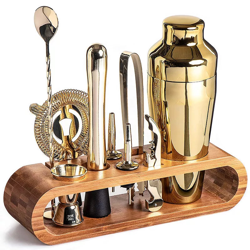 10-Piece Metallic Cocktail Shaker Set with Stainless Steel Mixology Tools and Storage Stand for Home Bartenders 2