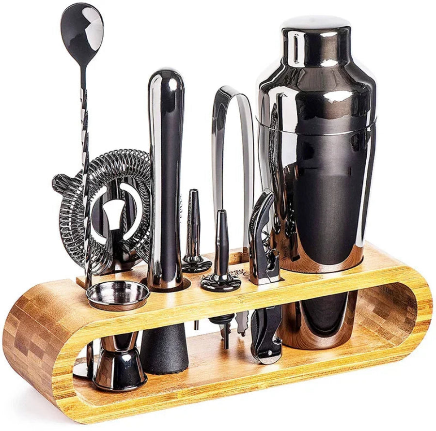 10-Piece Metallic Cocktail Shaker Set with Stainless Steel Mixology Tools and Storage Stand for Home Bartenders 3