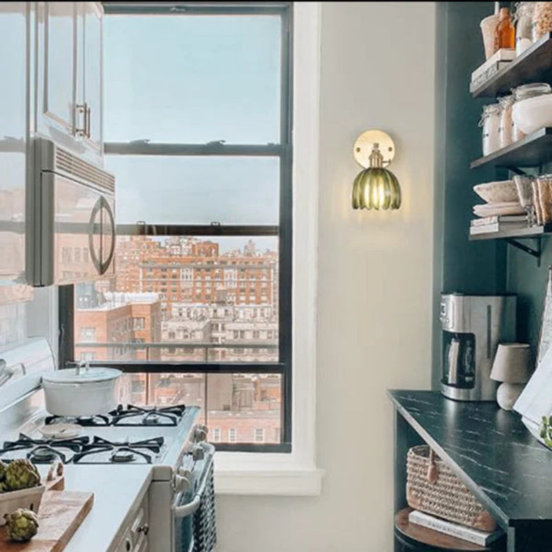 Modern kitchen with large window view of cityscape