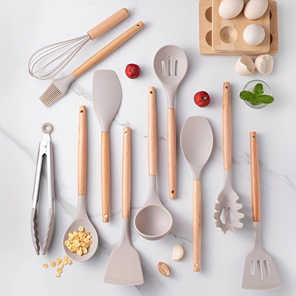 12-Piece Silicone Kitchen Utensil Set - Eco-Friendly Bamboo Handles 0