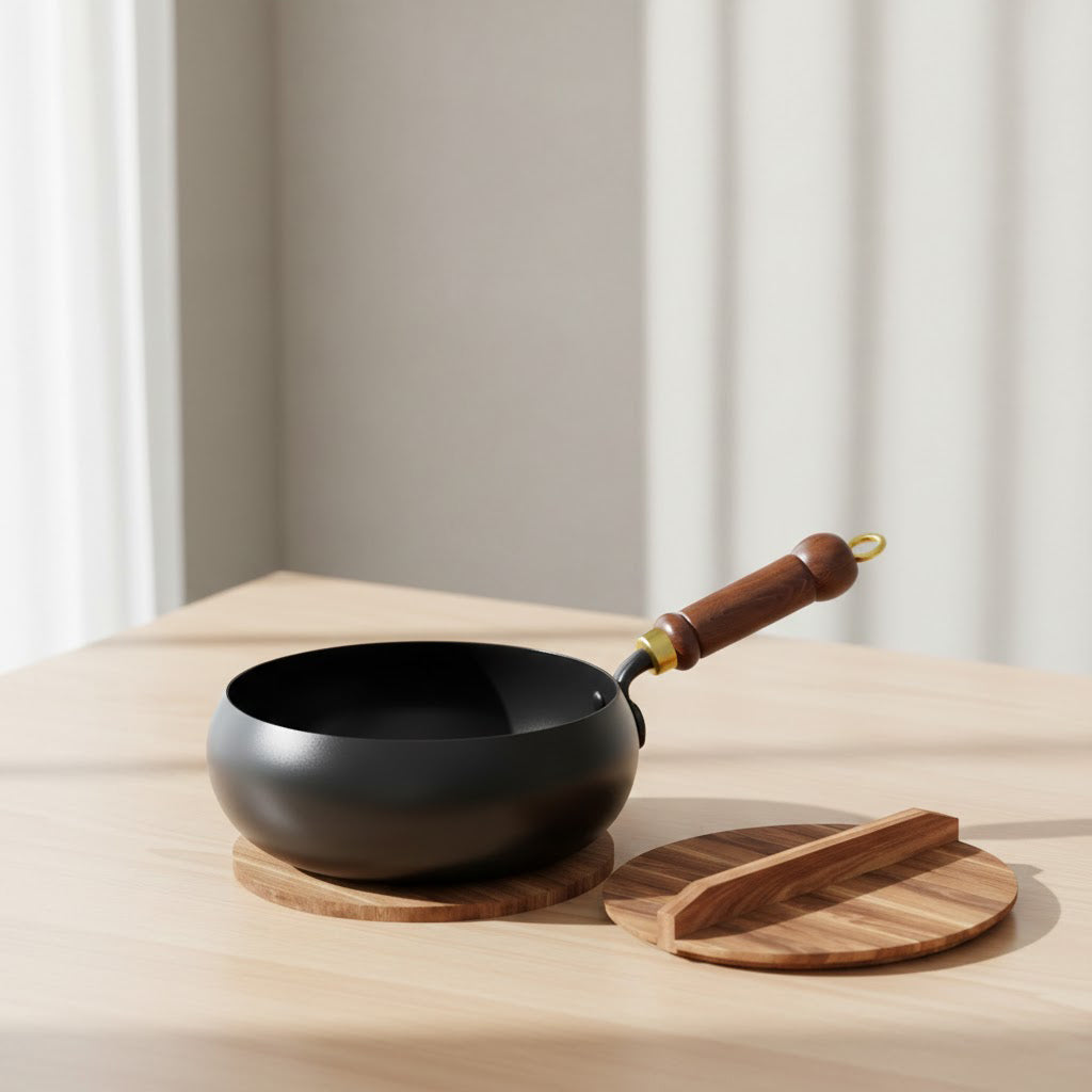 Black frying pan with wooden handle and lid on a light wooden surface