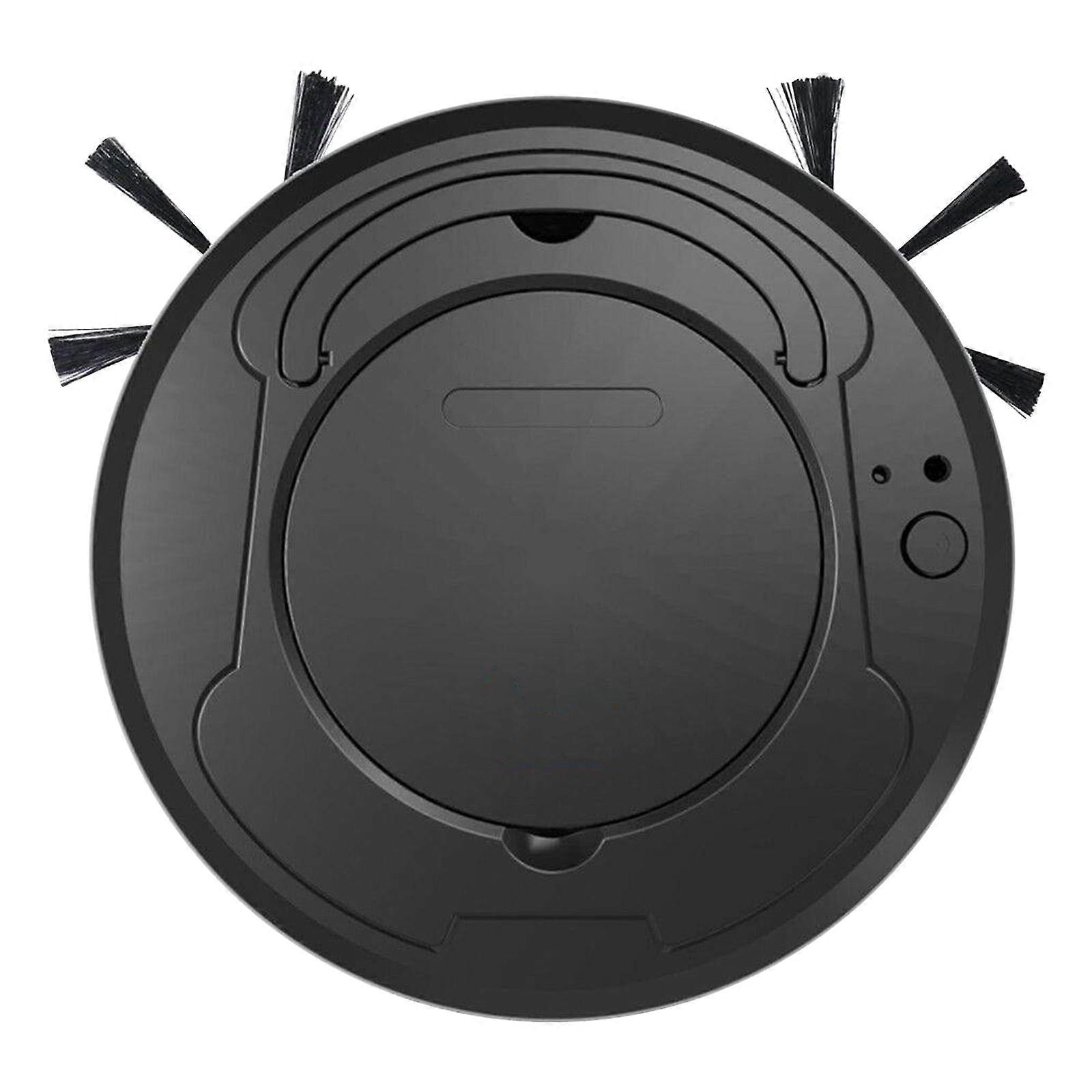Top view of a black robotic vacuum cleaner on a white background