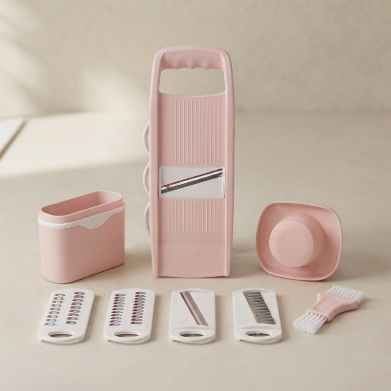 A pink and white multi-functional vegetable chopper and slicer set with multiple interchangeable blades and accessories, arranged neatly on a light beige surface.
