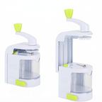 Two views of a white manual food chopper or grater with bright lime green accents, including a handle, top cone, and base button, shown on a plain white background.