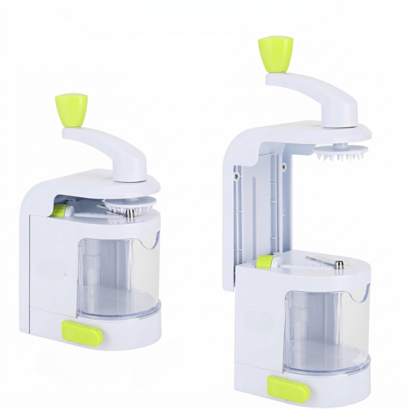 Two views of a white manual food chopper or grater with bright lime green accents, including a handle, top cone, and base button, shown on a plain white background.