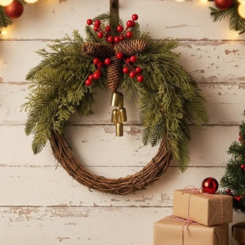 A rustic holiday wreath made of brown grapevine, decorated with green pine branches, red berries, pinecones, and three gold bells, hanging on a distressed white wood wall with warm string lights and wrapped gift boxes nearby.