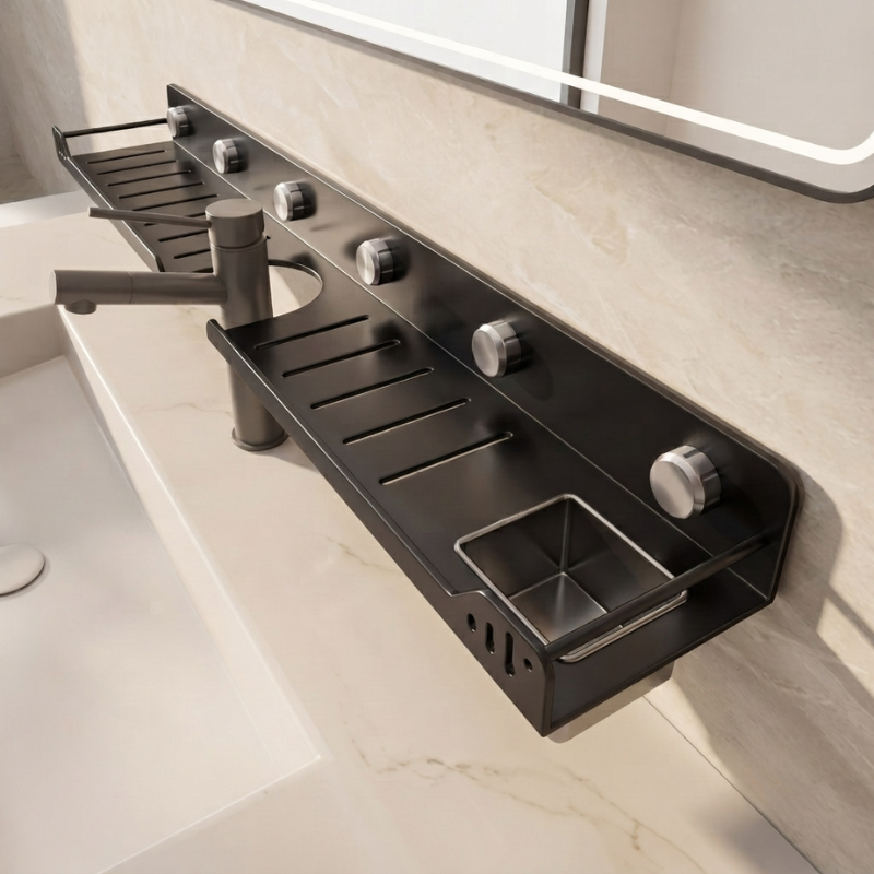 A matte black wall-mounted bathroom organizer shelf with integrated soap dish, cup holder, and four silver knobs, mounted on a beige marble bathroom wall above a white sink.