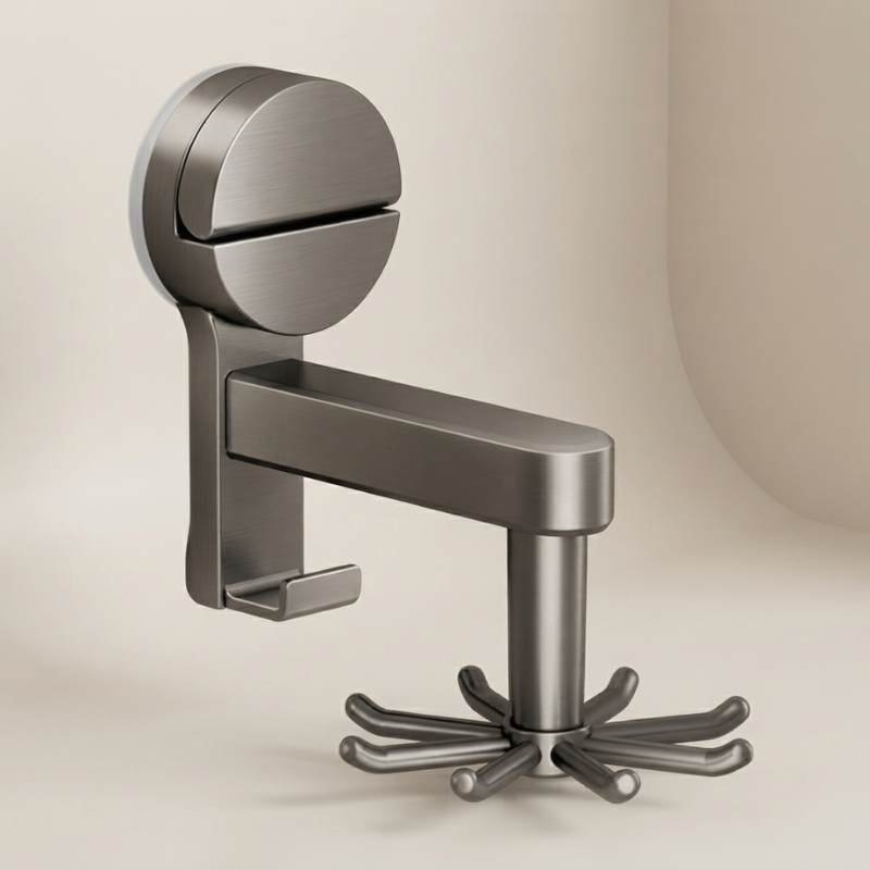 A modern wall-mounted faucet with a circular top, a horizontal spout, and a multi-pronged base, shown in a brushed metallic finish against a warm beige background.