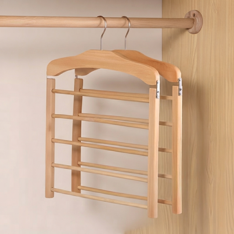 Wooden hanger with multiple hooks on a wooden rod against a neutral background