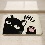 Cat-shaped doormat with 'Hi!' text on a wooden floor