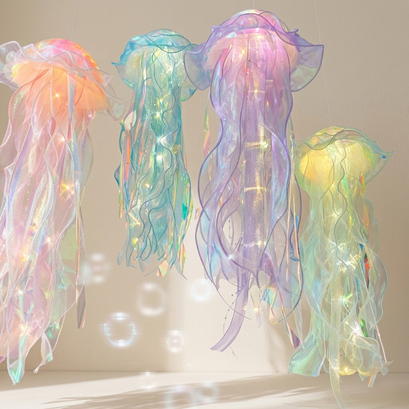 Colorful jellyfish-shaped lights on a neutral background