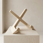 Wooden geometric sculpture on a light beige pedestal against a neutral background