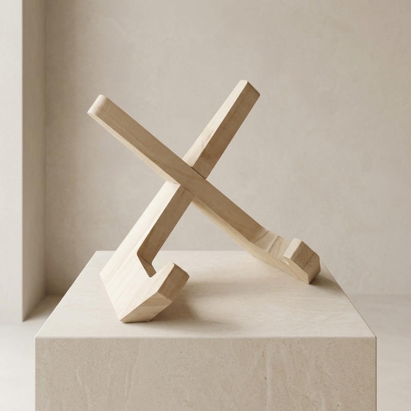 Wooden geometric sculpture on a light beige pedestal against a neutral background