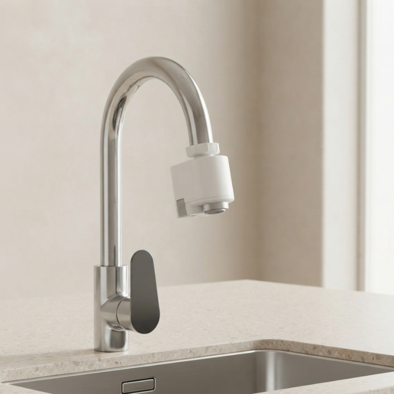A modern high-arc chrome faucet with a white cylindrical filter attachment and a dark gray handle, installed on a light beige countertop above a stainless steel sink.
