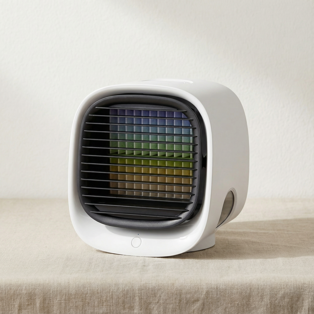 Quiet USB Desktop Air Cooler Fan with Mist & Night Light – 3 Speed Personal Table Fan with 300ml Water Tank for Home & Office