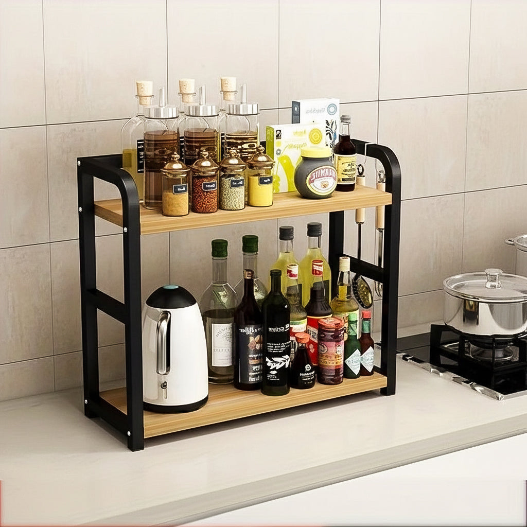 2-Tier Metal and Wood Shelf Organizer - Maximize Kitchen Space Efficiently 1