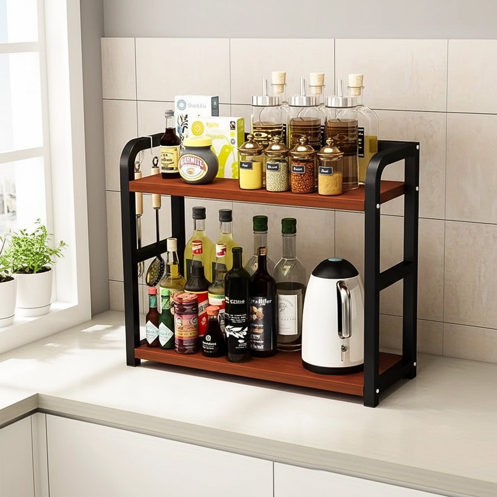 2-Tier Metal and Wood Shelf Organizer - Maximize Kitchen Space Efficiently 2