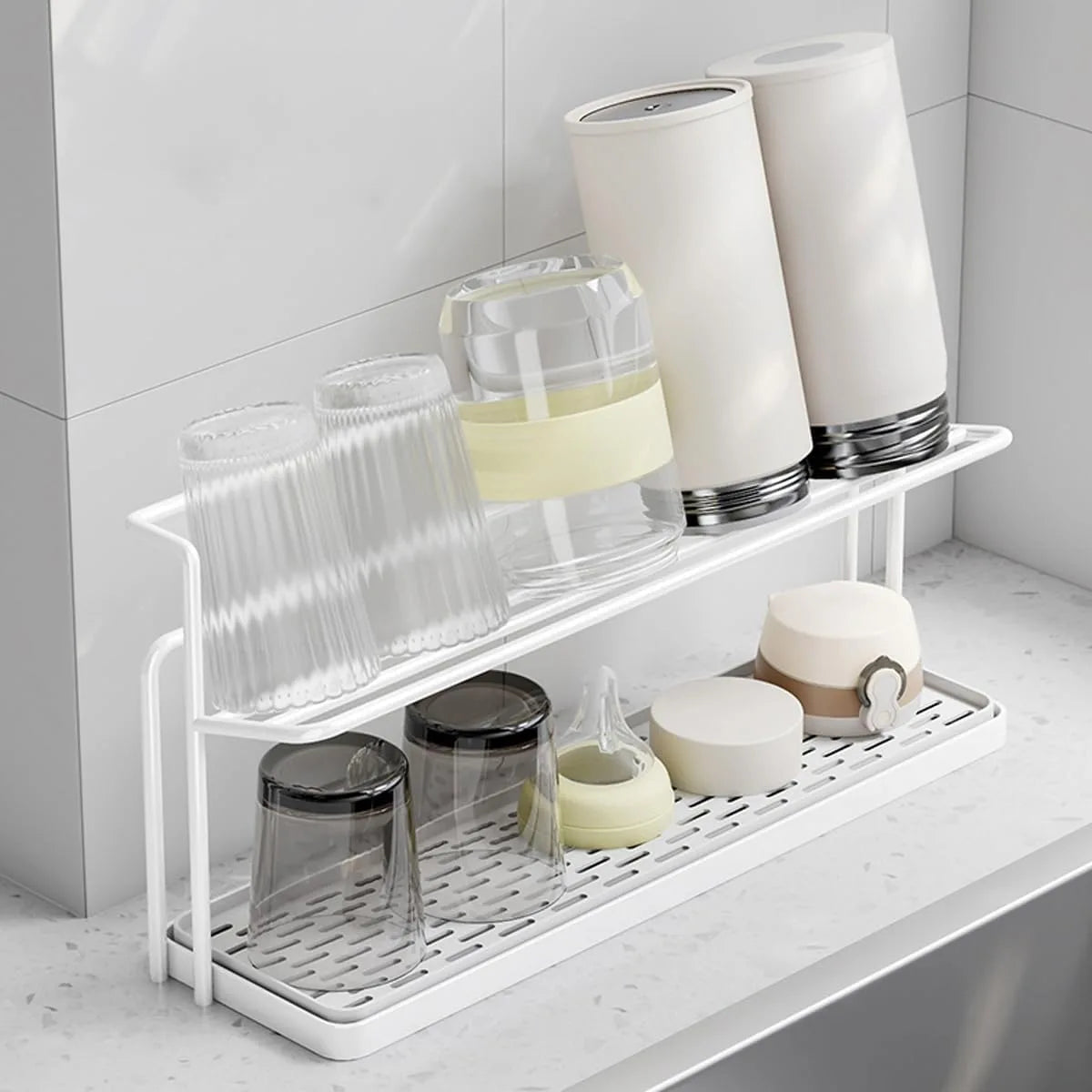 2-Tier Stainless Steel Drying Rack with Drain Tray – Space-Saving Kitchen Organizer for Cups and Bottles 7