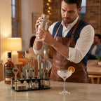 A bartender in a brown leather apron and white shirt shakers a cocktail with a stainless steel shaker. On the counter in front of him is a black bar tool set and a bottle of rum, with a coupe glass holding a white cocktail and an orange slice garnish.