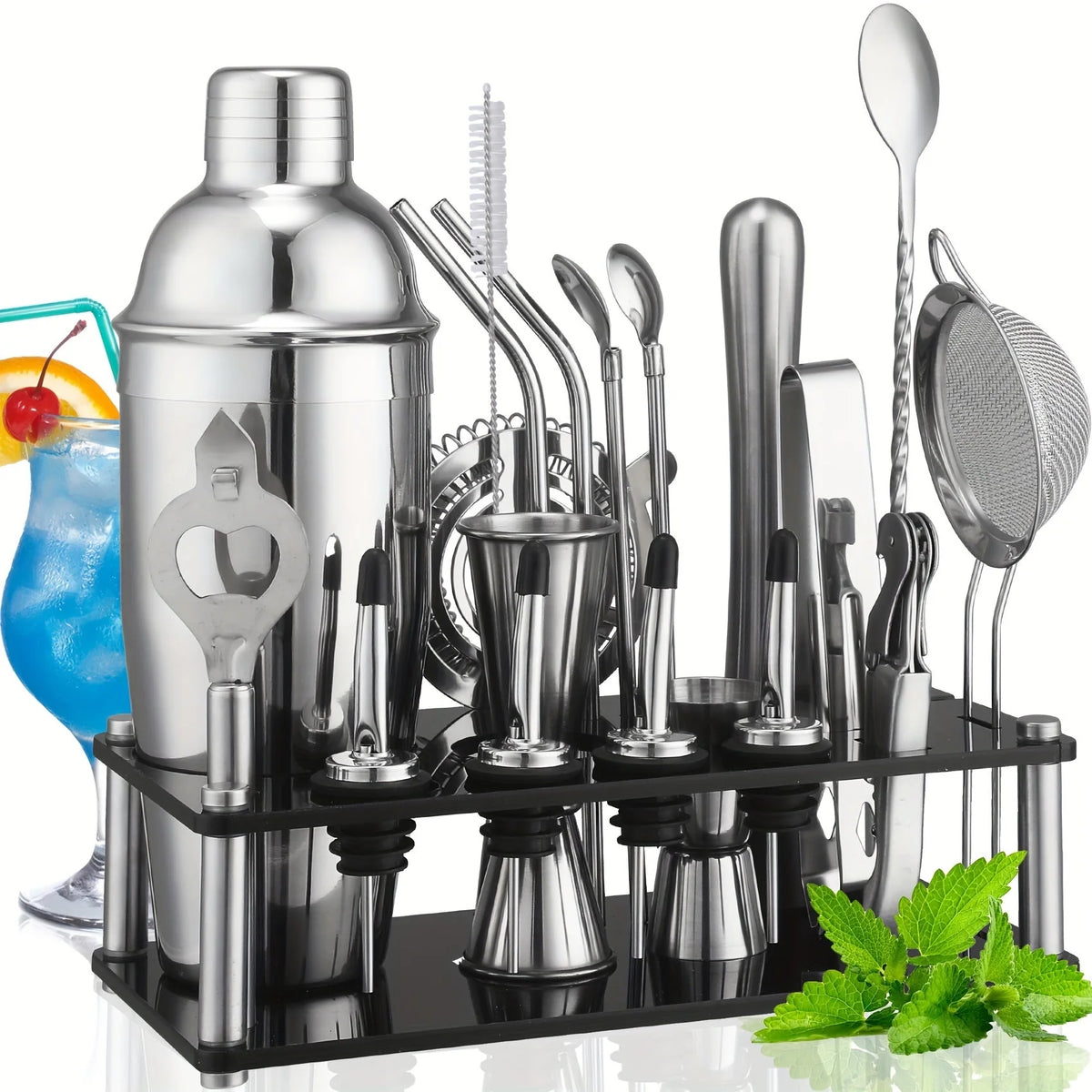 20-Piece Stainless Steel Cocktail Shaker Set with Acrylic Stand - Complete Bar Tool Kit for Home and Professional Use 3