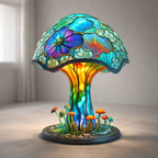 Colorful mushroom-shaped lamp with floral design on a neutral background