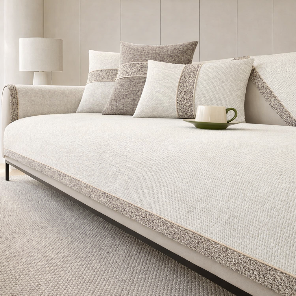 Beige sofa with patterned cushions and a cup on a small table in a room with neutral walls.