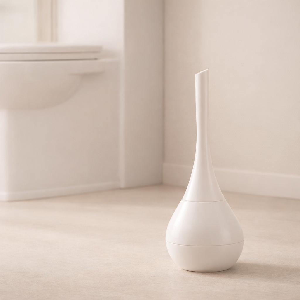 White ceramic vase on a beige surface with a neutral background
