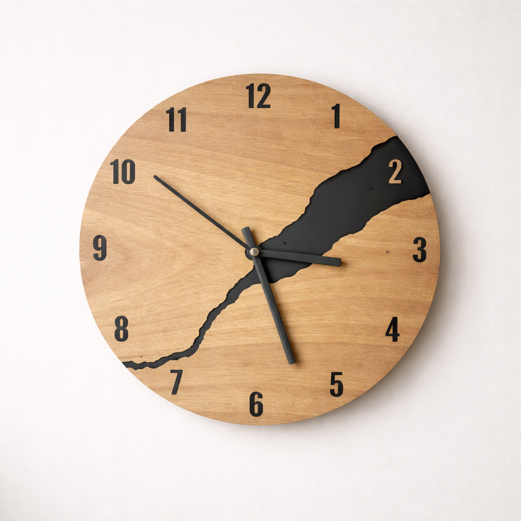 Wooden wall clock with black accents on a white background