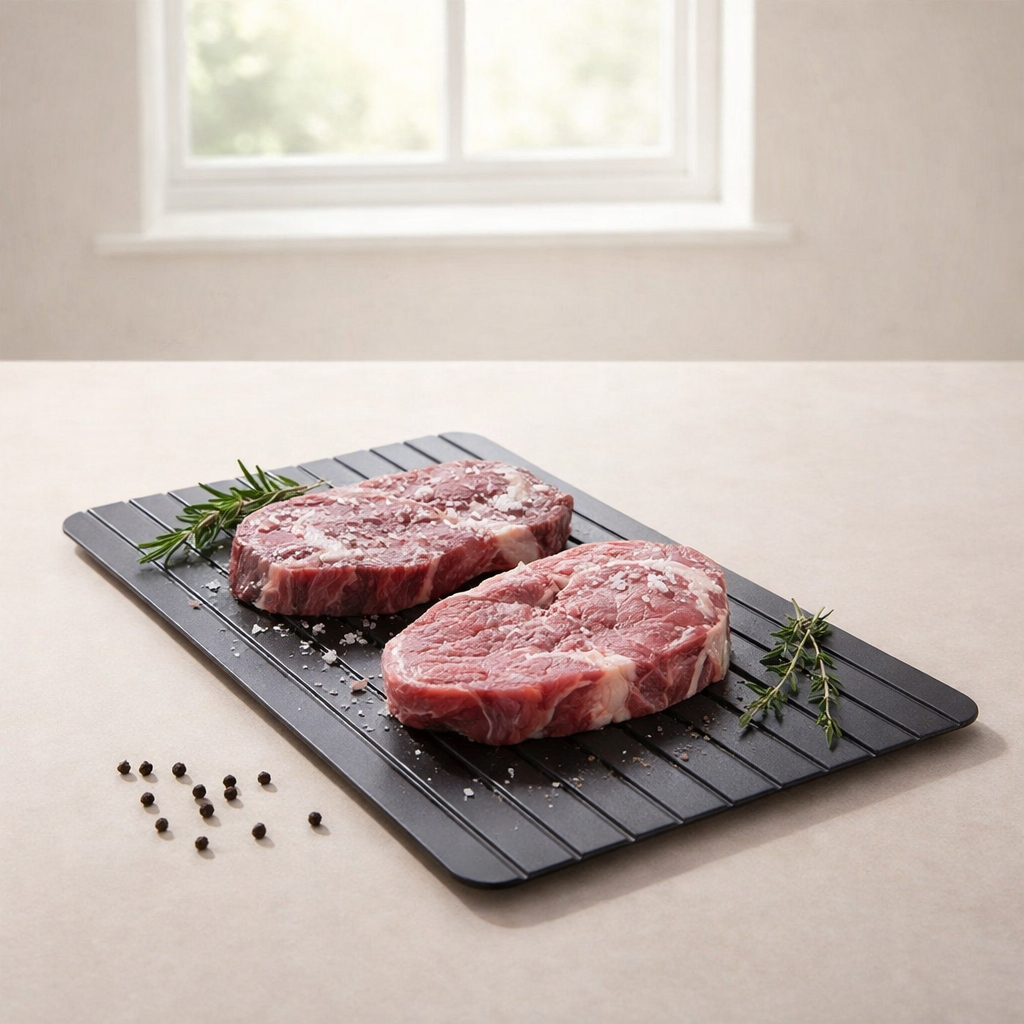Two raw steaks on a black cutting board with herbs and peppercorns on a light surface.