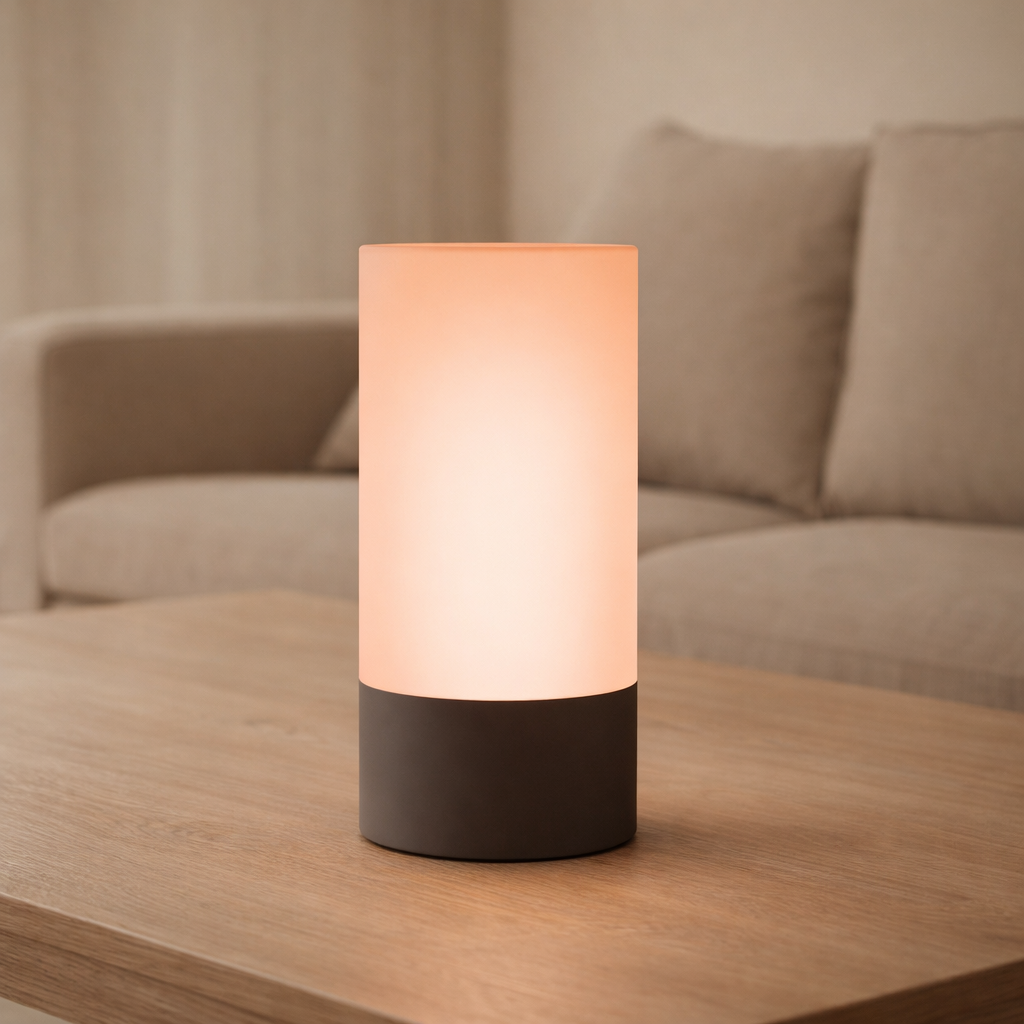 Table lamp with a warm glow on a wooden surface in a living room setting.