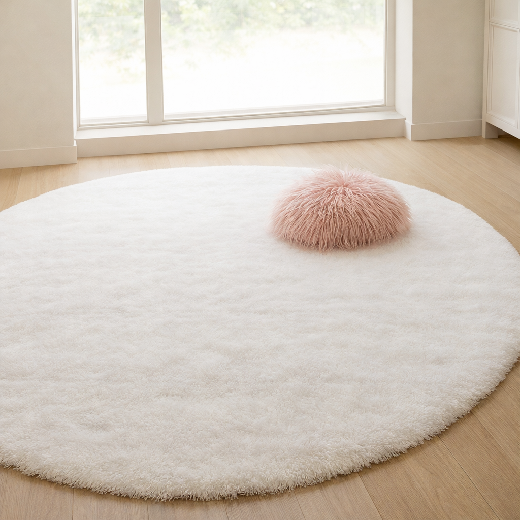 Round white rug with a pink fluffy pillow on a wooden floor in a bright room.
