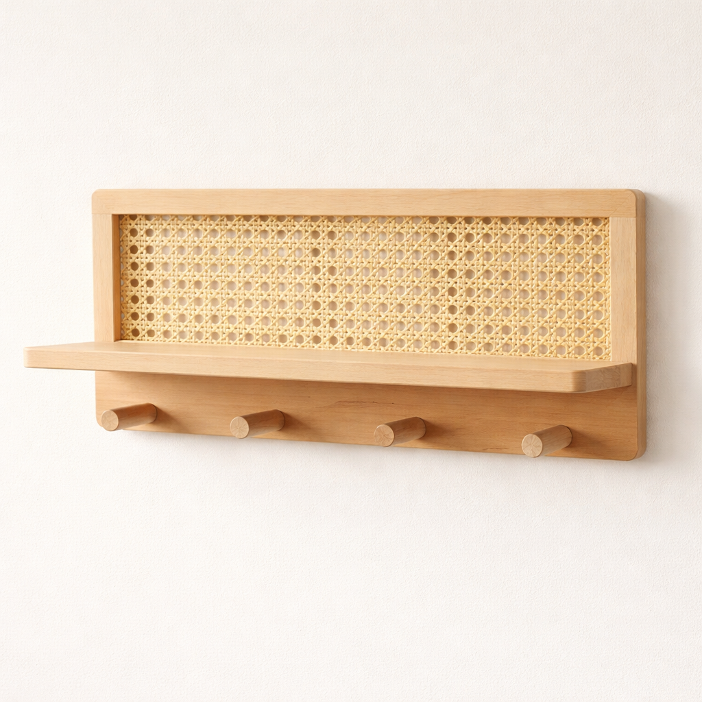 Wooden wall-mounted rack with woven top section and hooks on a white background