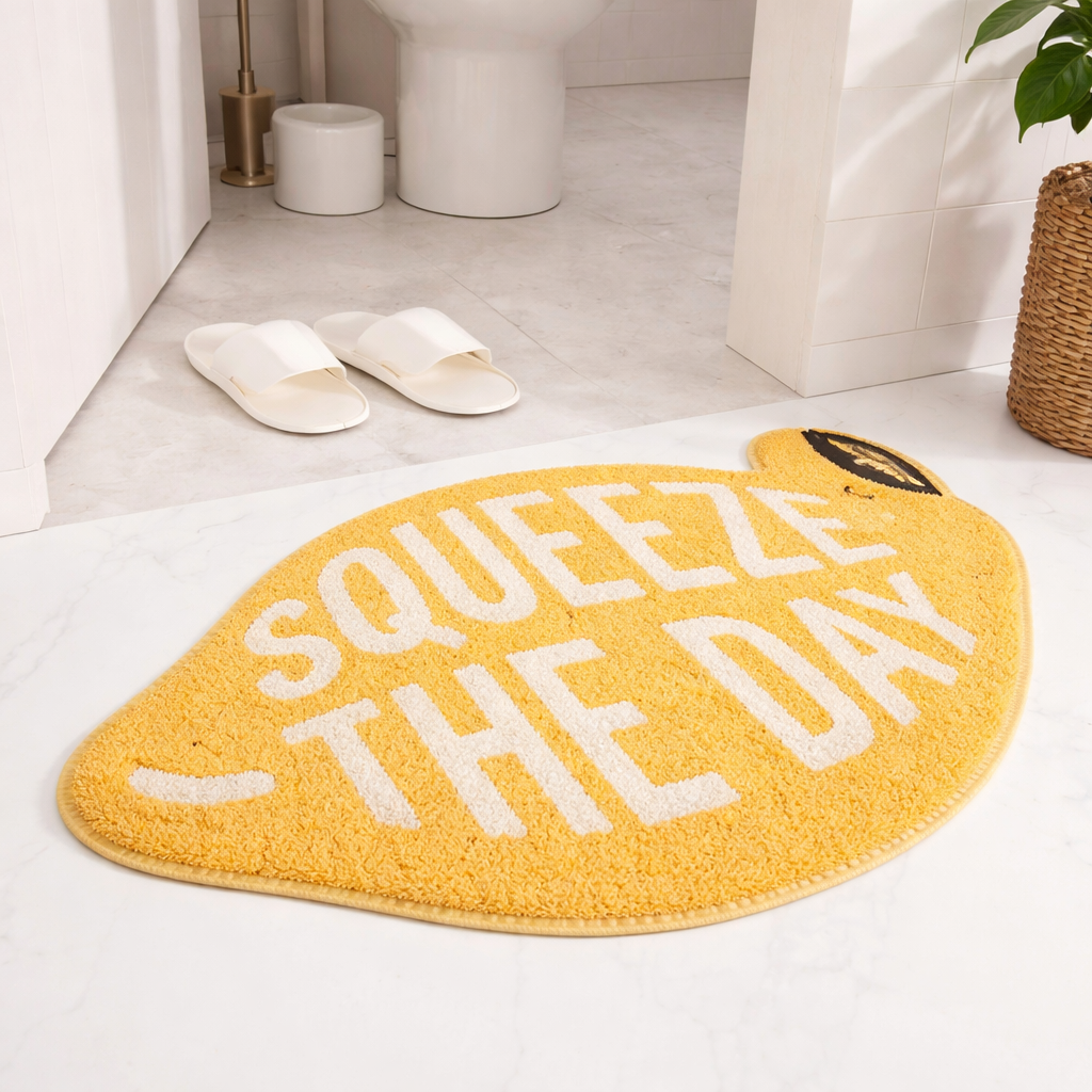 Yellow bath mat with 'Squeeze the Day' text in a bathroom setting.