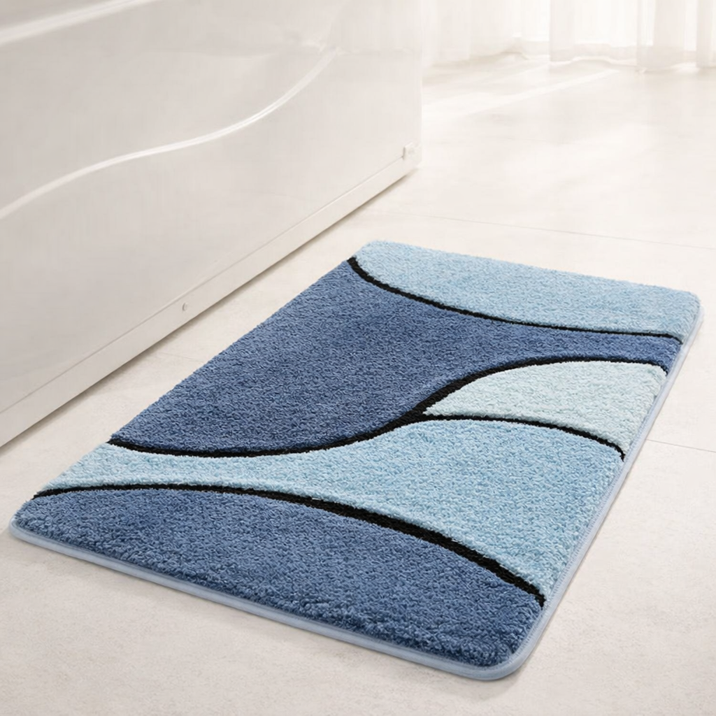 Blue bath mat with wavy pattern on a light wooden floor
