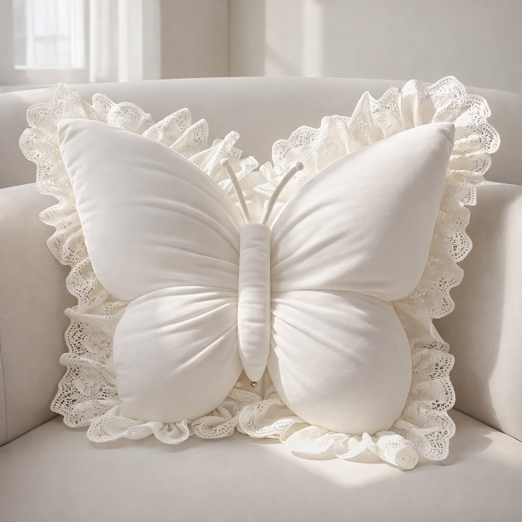 White butterfly-shaped pillow with lace details on a light-colored sofa.