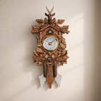 Wooden cuckoo clock with intricate designs on a beige wall