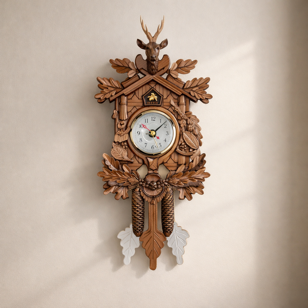 Wooden cuckoo clock with intricate designs on a beige wall
