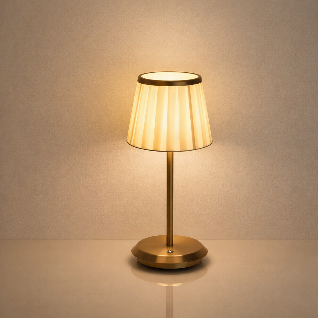 Table lamp with a gold base and beige shade on a neutral background
