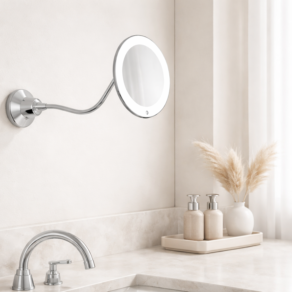 Wall-mounted makeup mirror with a light above a bathroom sink.