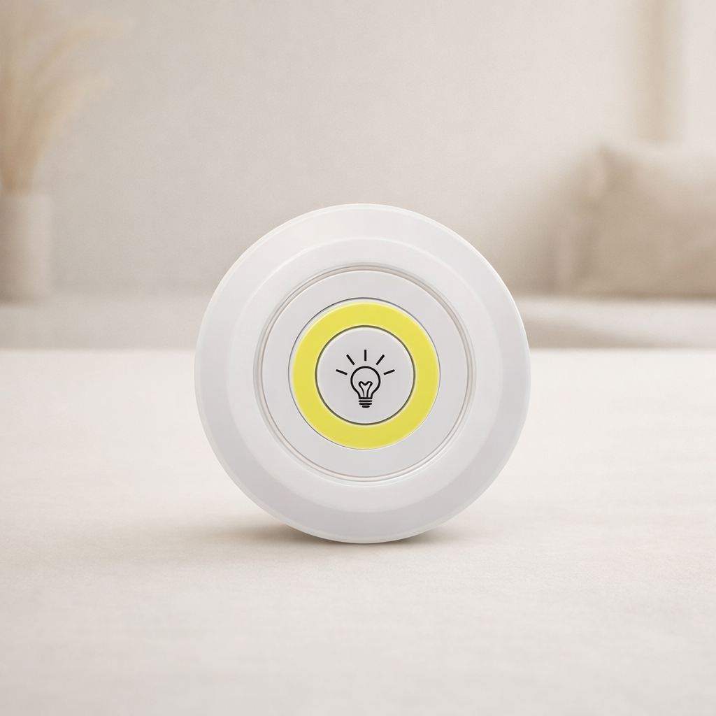 White circular device with a yellow light bulb icon on a light background