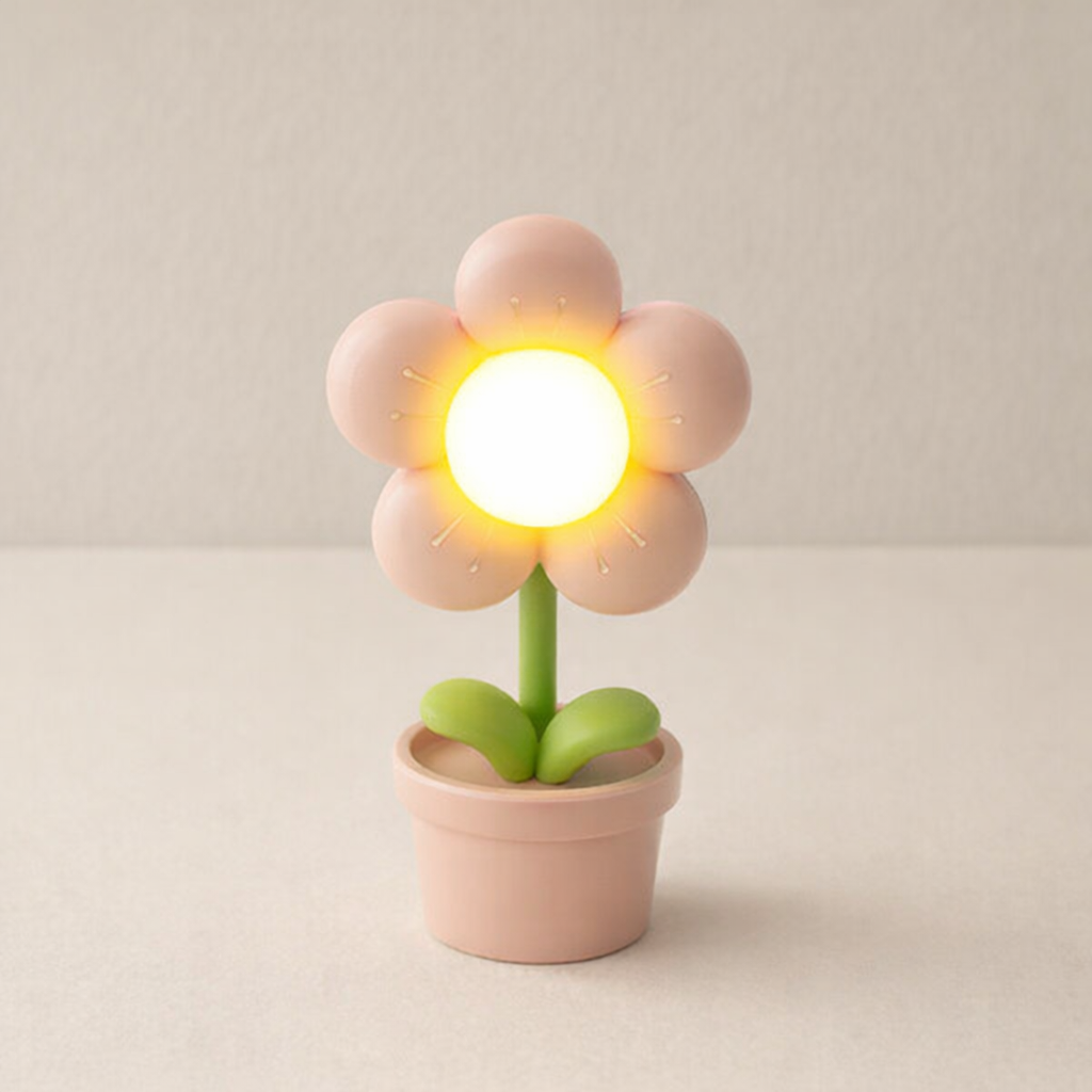 Flower-shaped lamp with a warm glow on a plain background