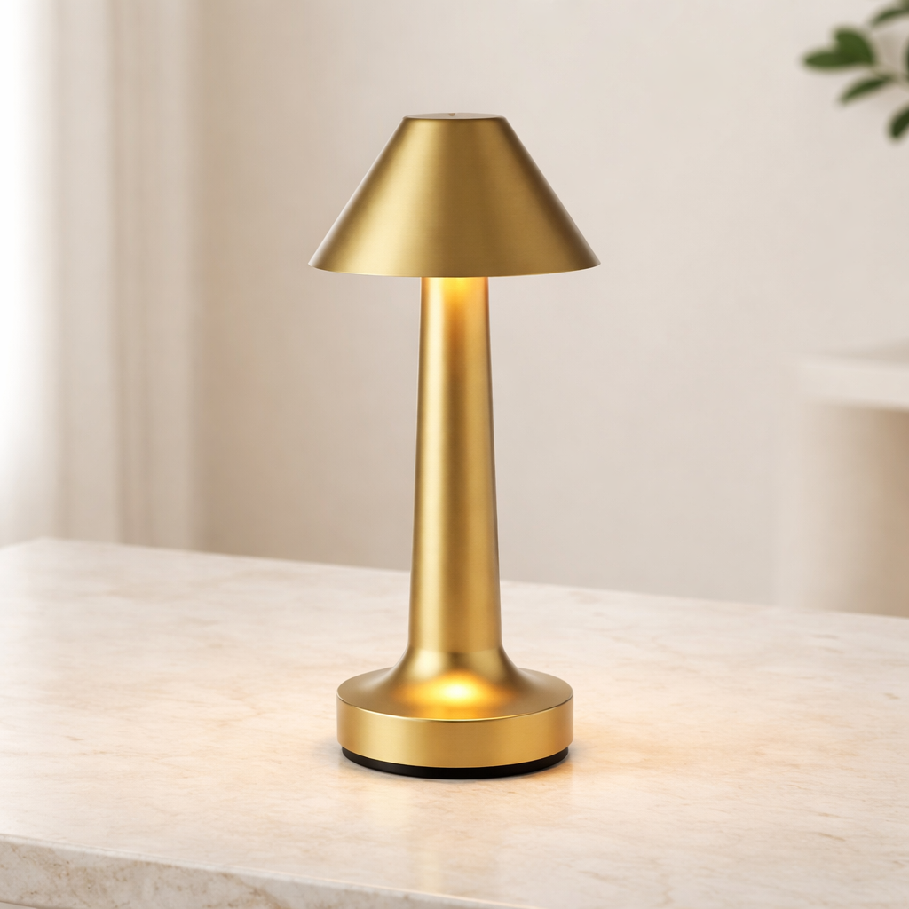Gold table lamp on a light surface with a neutral background