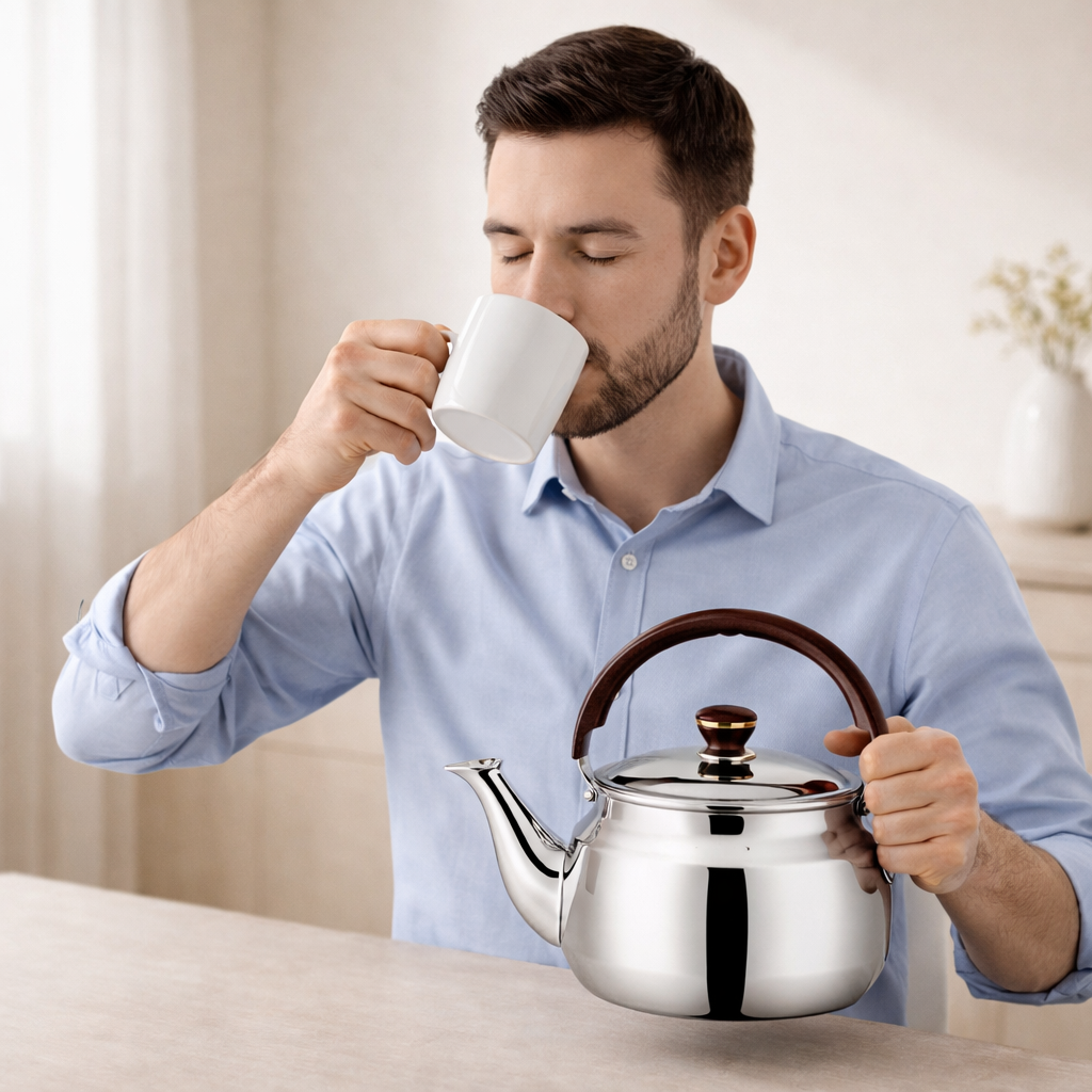 Man drinking from a white mug with a silver teapot in a home setting