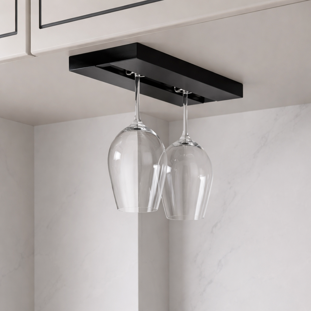 Two wine glasses hanging from a black ceiling mount in a kitchen setting.