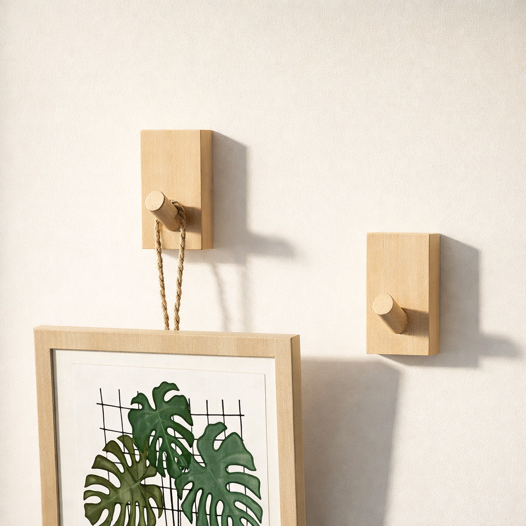 Two wooden wall hooks on a light beige wall with a framed picture below.
